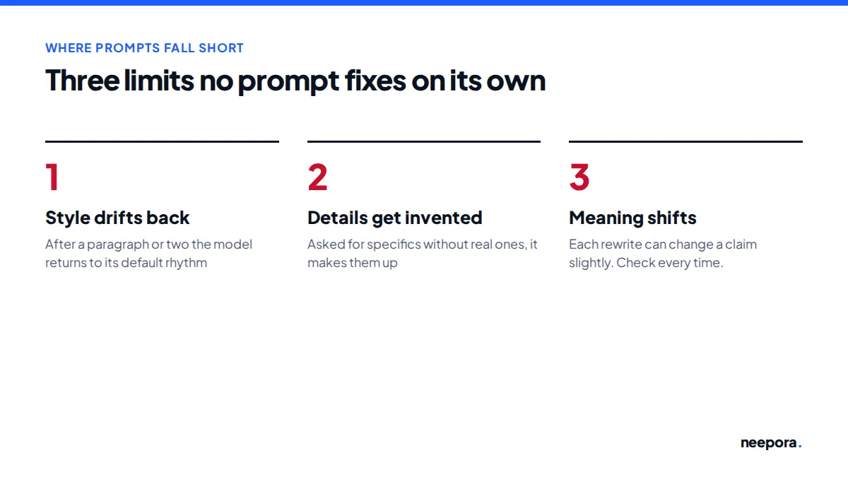 Three limits of prompting: the style drifts back after a paragraph or two, details get invented, and meaning shifts with each rewrite.
