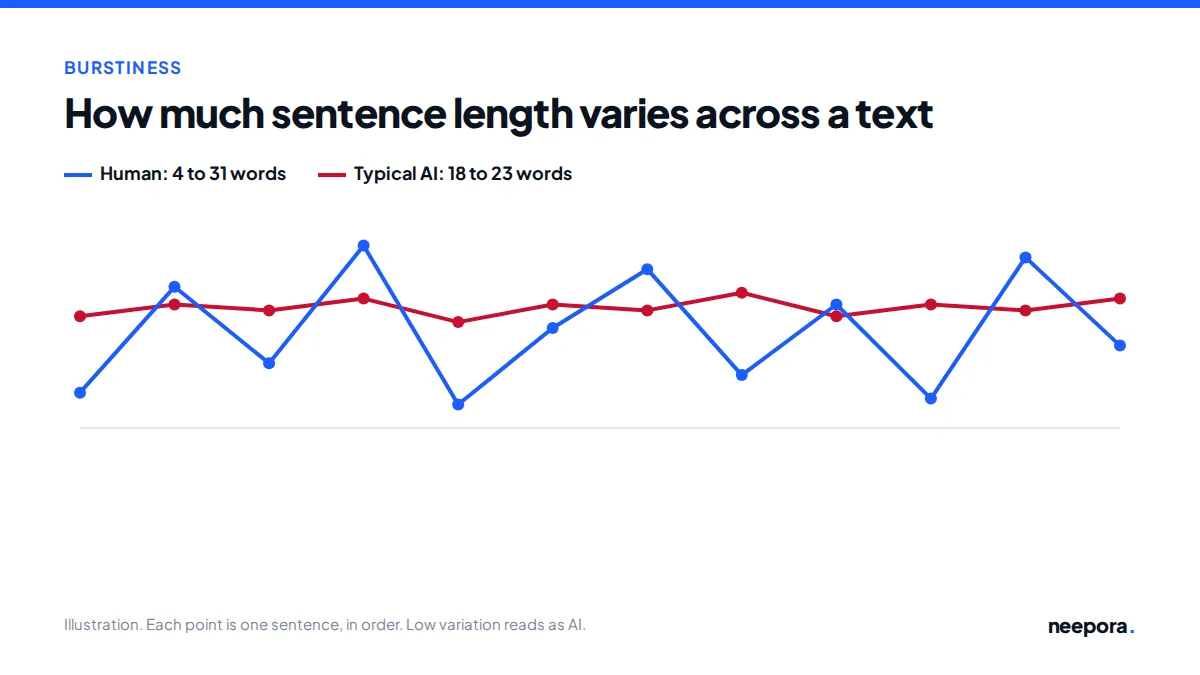 Line chart of sentence lengths in order: a human text swings between 4 and 31 words, while typical AI text stays between 18 and 23 words.