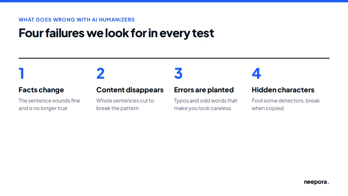 Four failures checked in every test: facts change, content disappears, errors are planted, and hidden characters are inserted.