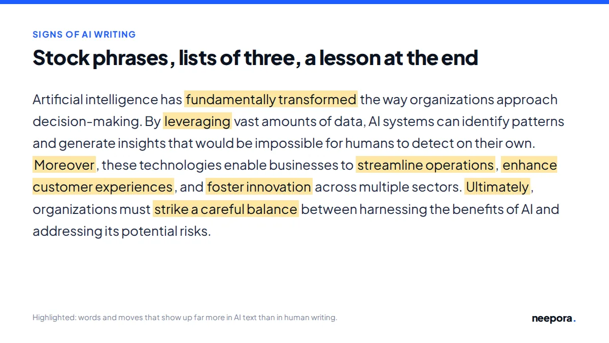 A paragraph of typical AI writing with stock phrases highlighted, including fundamentally transformed, leveraging, Moreover, streamline operations, foster innovation, Ultimately and strike a careful balance.