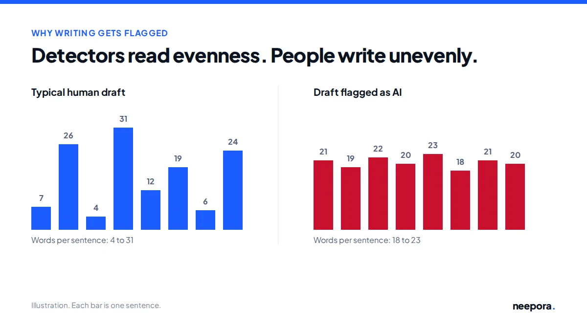 Bar chart: human sentence lengths vary from 4 to 31 words, while a draft flagged as AI stays between 18 and 23